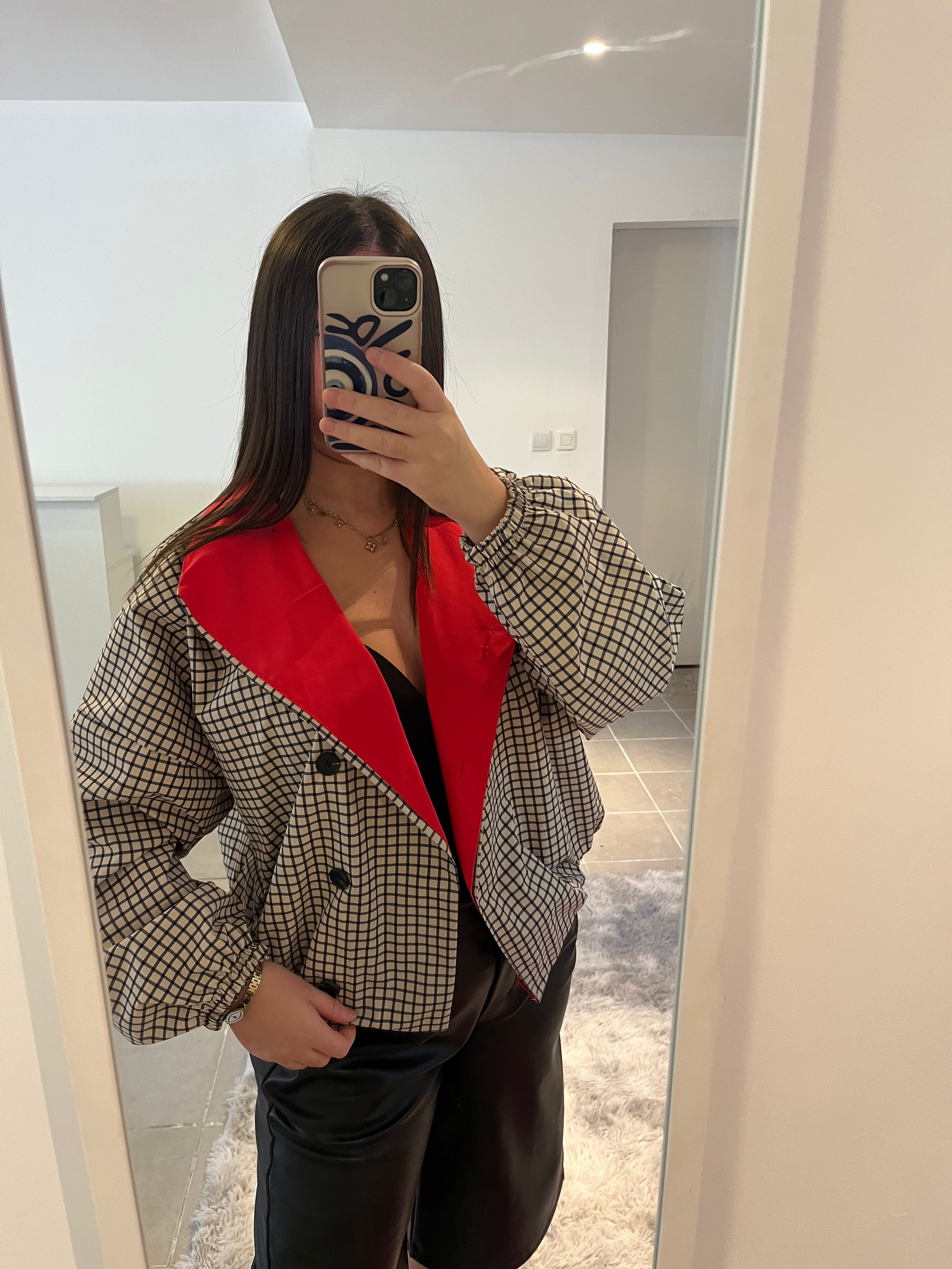 Bombers à carreaux col rouge